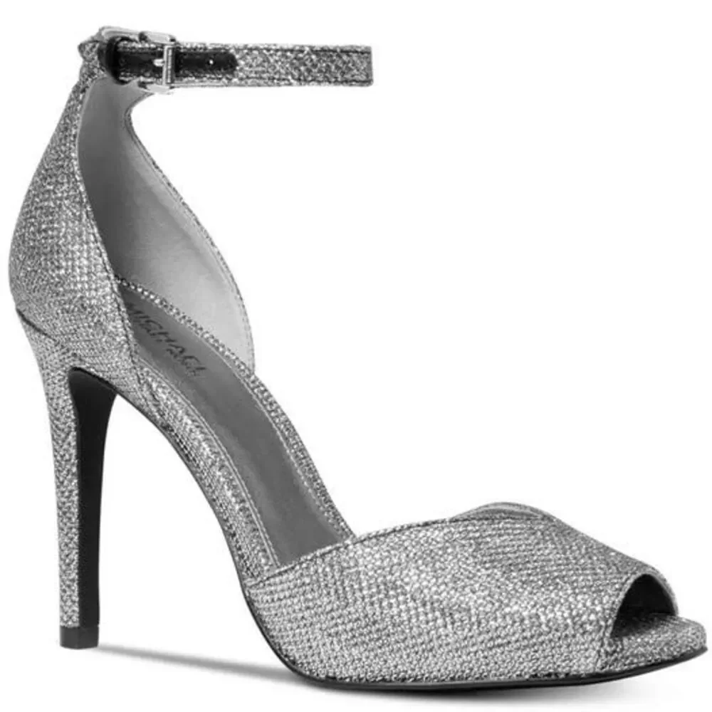 MICHAEL KORS CAMBRIA GLITTER SILVER METALLIC ANKLE STRAP SANDALS 5M